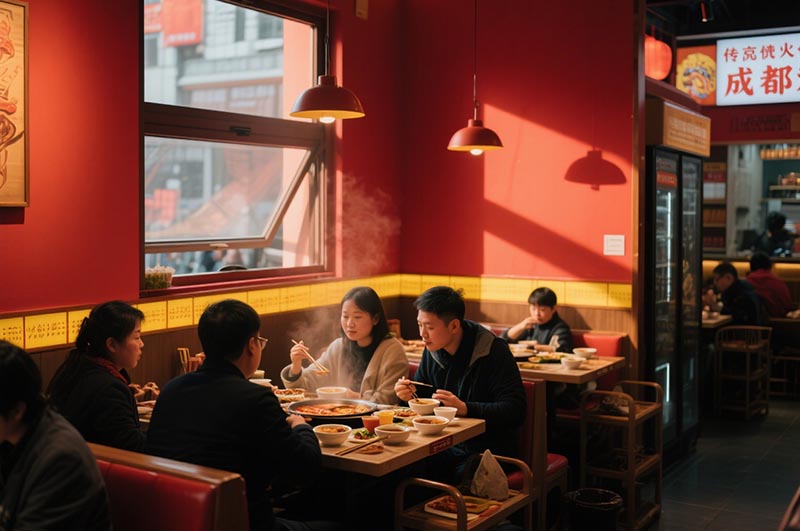 以紅、黃二色為例的川味火鍋店裝修效果圖