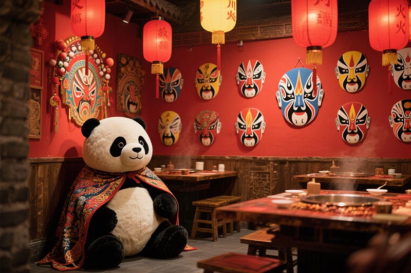 融入川劇臉譜、熊貓圖案、蜀錦元素等的火鍋店裝修效果圖