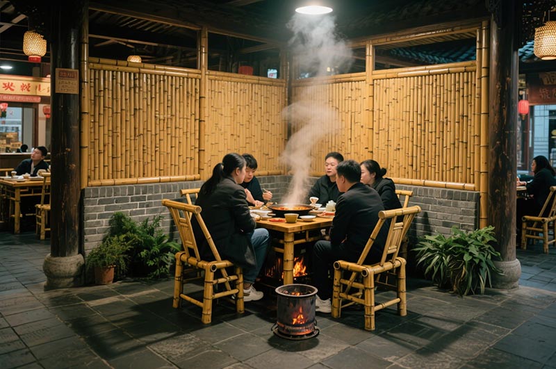 采用竹、木、青磚等傳統(tǒng)材質(zhì)的火鍋店裝修效果圖