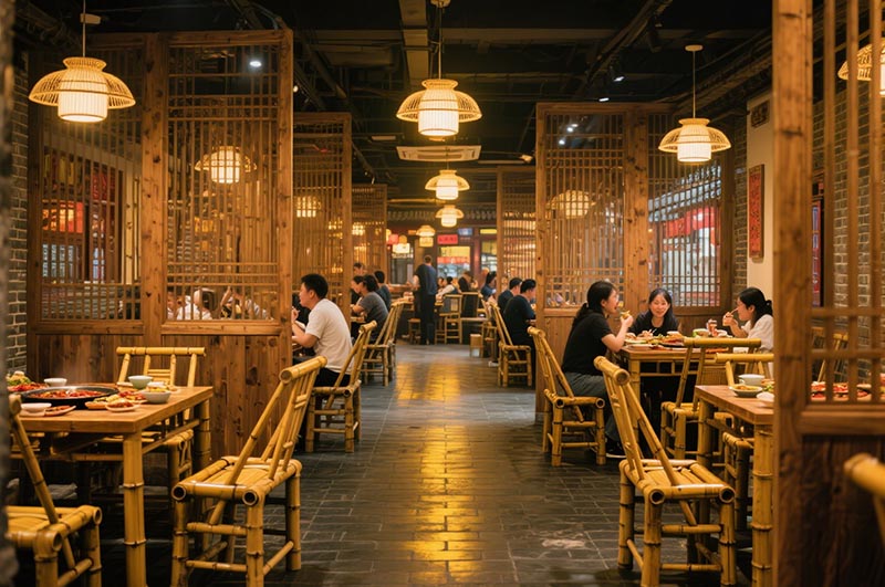 采用竹、木、青磚等傳統(tǒng)材質(zhì)的火鍋店裝修效果圖